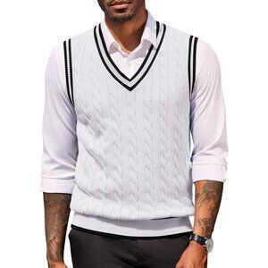 Coofandy Men White Fitted V Neck Sleeveless Knitted Pullovers Sweater Vest